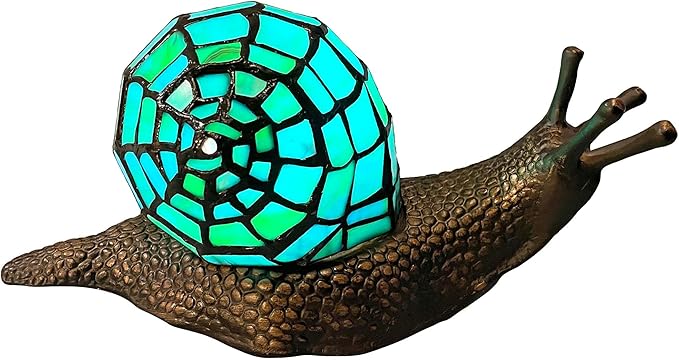 Bieye L10975 Land Snail Tiffany Style Stained Glass Accent Table Lamp for Home Decoration (Cyan, 10" D x 5" W x 5" H) - Bloomnest