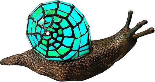 Bieye L10975 Land Snail Tiffany Style Stained Glass Accent Table Lamp for Home Decoration (Cyan, 10" D x 5" W x 5" H) - Bloomnest