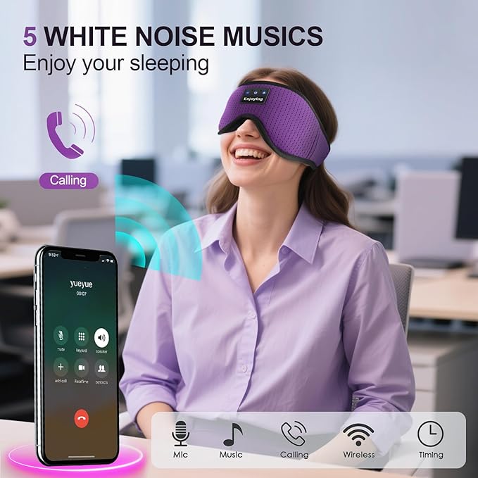 Sleep Headphones, Sleep Mask Bluetooth Wireless Music Eye Mask, Sleeping Mask for Side Sleepers Sleep Mask with 3D Bluetooth Headphones Ultra-Thin Stereo Speakers Perfect for Sleeping (Purple) - Bloomnest
