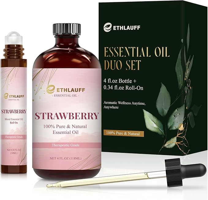Strawberry Essential Oil (4 fl.oz Bottle + 0.34 fl.oz Roll-On) — Strawberry Oils for Aromatherapy, Diffusers, Humidifiers, Home fragrances, DIY Skincare, Candle, Soap Making, Relaxation, Yoga Ethlauff