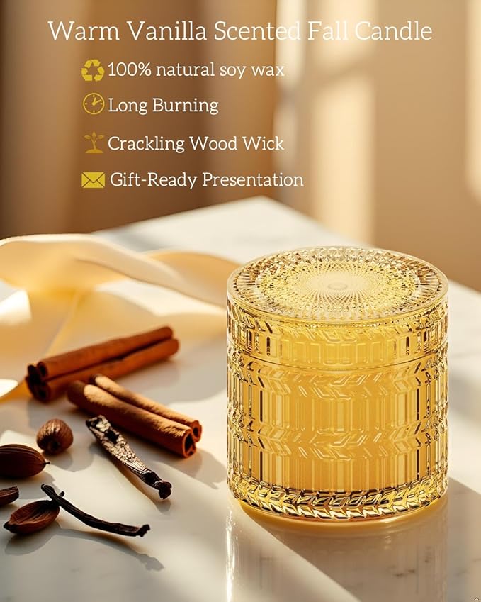 Fall Candles, Wild Warm Vanilla Scented, 7.4 oz, Crackling Wood Wick Candle for Home Scented, Natural Candles Non Toxic, Long Lasting-Clean Burn,Decorative Candle Gift for Women - Bloomnest