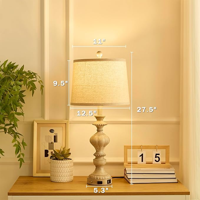 27.5" Farmhouse Table Lamps Set of 2 Bedside Nightstand Lamp with USB C+A Ports & AC Outlet, 3 Way Dimmable Touch Lamps for Bedroom Living Room Office Rustic Lamp (Gray) - Bloomnest