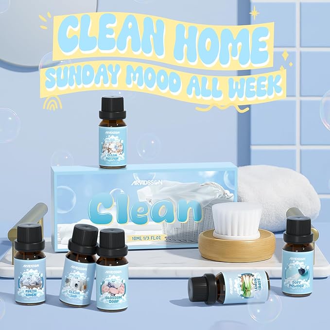 ARVIDSSON Clean Essential Oils Set, Natural Fragrance Oil for Diffuser, Soap Making - Fresh Linen, Clean Home, Fresh Cotton, Soft Powder, Blossom Soap, Lemongrass, Refreshing Scented Oils for Home - Bloomnest