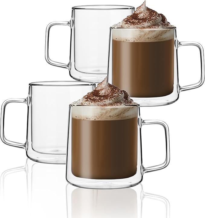 CNGLASS 12oz Glass Coffee Mugs,Double Wall Insulated Glass Cups with Handle,Clear Espresso Mugs for Latte,Cappuccino,Tea Bag,Set of 4 - Bloomnest
