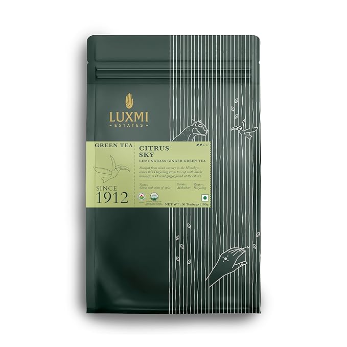 Luxmi Estates Citrus Sky Lemongrass Ginger Green Tea 50 Tea Bags (100g) Pack | Certified Organic Darjeeling Green Tea | Natural Lemon Balm Tea - Calming, Supports Digestion | 50 Cups Bulk Pack - Bloomnest