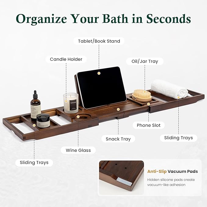 Teak Bathtub Tray, Bath Caddy with Wine Glass Holder, Phone Dock & Book Stand | Hands-Free Reading & Ultimate Spa Relaxation Experience-Brown - Bloomnest