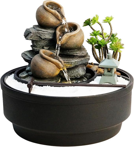 Tabletop Water Fountain with LED Lights & Pagoda, 3 Tiers Crocks Cascading Design,Artificial Flowers, White Stones and Rake, Zen Decor for Office/Living Room/Bedroom/Study (8.5" H)
