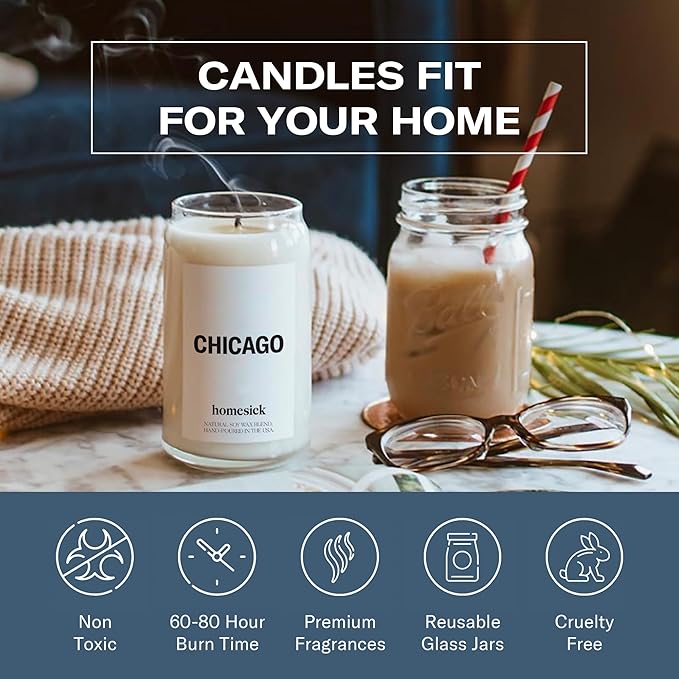 Homesick Scented Candles for Home (Chicago) - 13.75 oz Long-Lasting Soy Wax Jar Candle for Women & Men for All Occasions, 60-80 Hours Burn Time - Notes of Sandalwood & Bergamot - Bloomnest