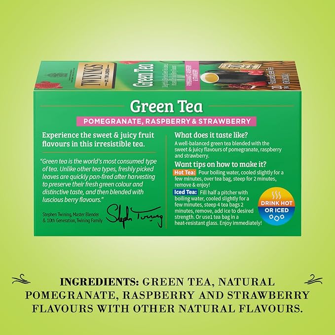 Twinings Green Tea with Pomegranate, Raspberry, and Strawberry - Caffeinated Green Tea Bags Individually Wrapped, 20 Count (Pack of 2)  - Bloomnest