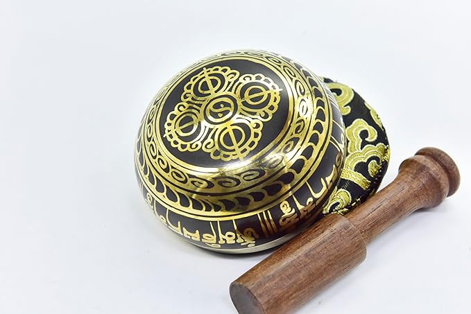 3.75" Tibetan Meditation Yoga Singing Bowl Green Set with free Wooden Mallet and Silk Cushion from Nepal, Singing bowls. (Black) - Bloomnest