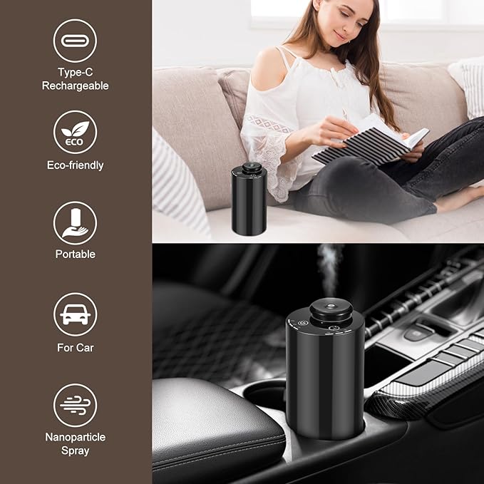 Waterless Essential Oil Diffuser, Battery Powered Mini Scent Air Machine, Aromatherapy Mist Diffuser for Home Room Car Office (Black-PP) - Bloomnest