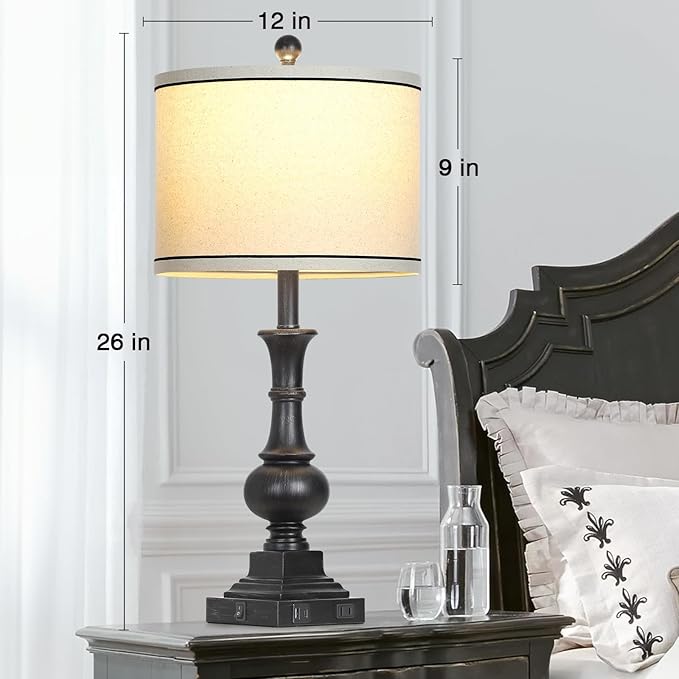Farmhouse Lamps Set of 2, Vintage Rustic Black Table Lamps with USB A+C Fast Ports & AC Outlets, Traditional Nightstand Bedside Lamp for Living Room Bedrooms Home Office(2 LED Bulbs Included) - Bloomnest