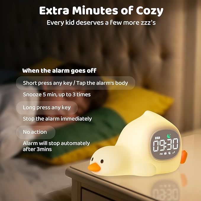 Laying Duck Alarm Clock with Night Light for Kids with Sleep Training and Sound Machine, Rechargeable Silicone Lamp OK to Wake Clock，Cute Animal Tabletop Lamp, Perfect Sleep Companion for Boys Girls - Bloomnest