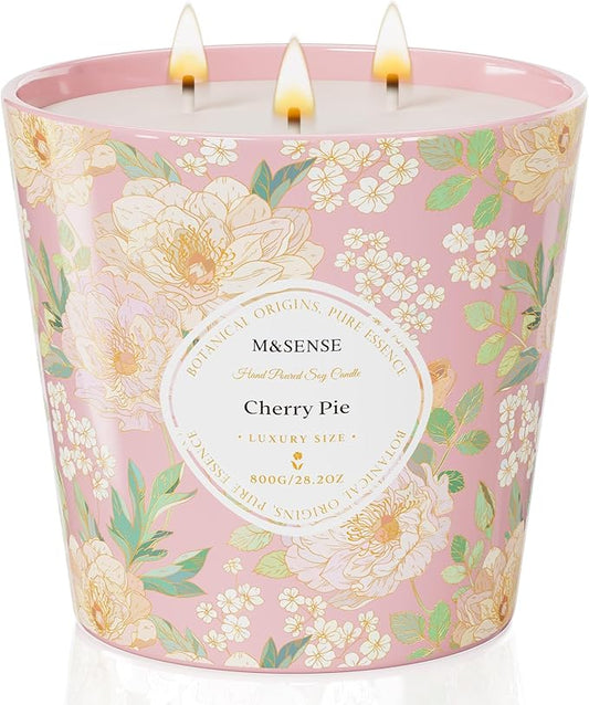 M&SENSE Cherry Pie Scented Candle, 28.2oz 3 Wick Natural Soy Wax Large Candles, Long Lasting Clean Slow Burning No Toxic Décor for Home Relaxation, Romantic Dates & Gift-Giving - Bloomnest