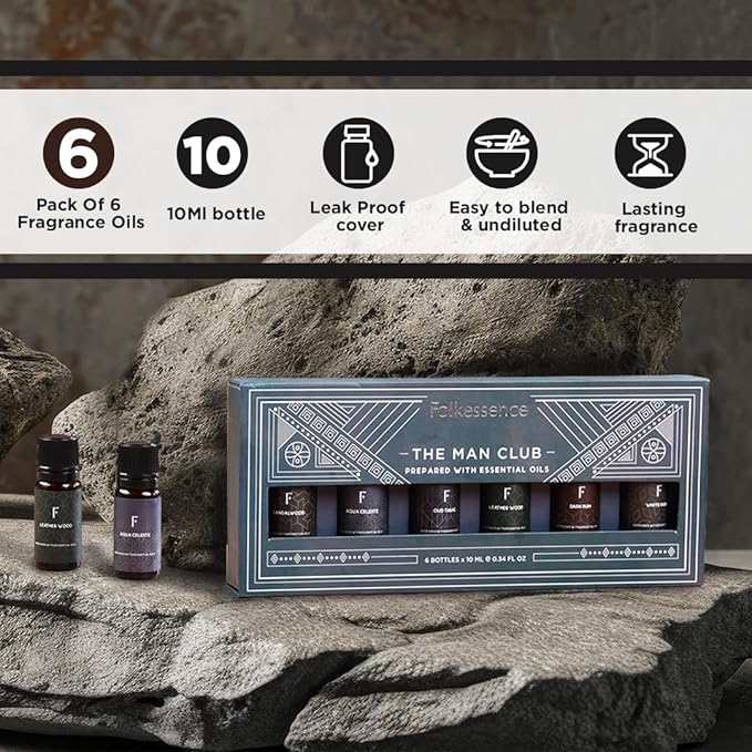 Folkulture Essential Oils Set for Men | Set of 6 (0.34 Fl Oz or 60ml) Diffuser Oils for Home | Oud Tabac, Sandalwood, Leather Wood | Fragrance Oil - Bloomnest