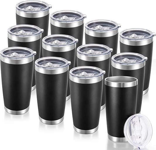 20 oz Tumblers Bulk Stainless Steel Tumbler with Lid Double Wall Vacuum Insulated Coffee Mug 20oz Powder Coated Cup for Hot and Cold Drinks, Black, 12 pack - Bloomnest