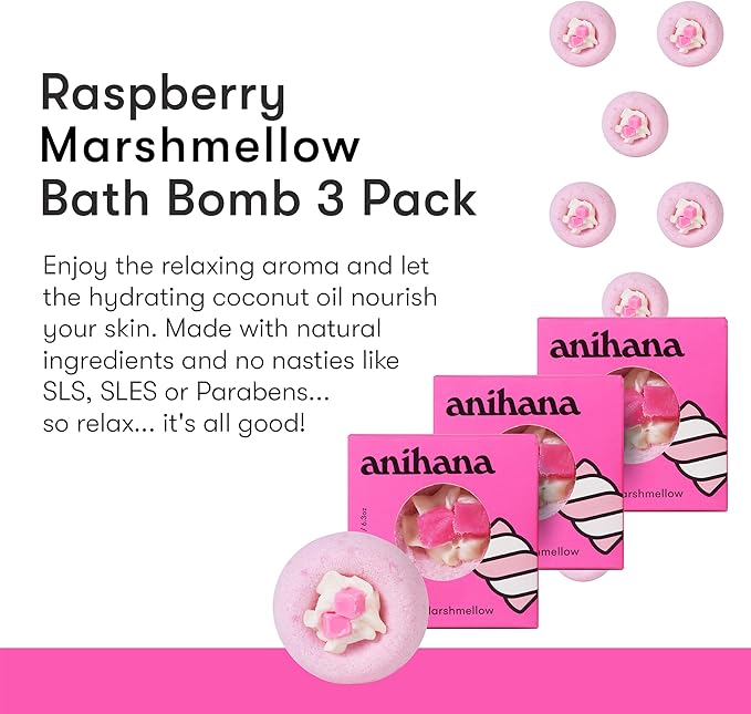 ANIHANA Bath Bombs with Coconut Oil, Paraben Free, Hand-Crafted Luxury Fizzers, Refreshing Raspberry Marshmellow Scent, 6.3 oz Each, 3 Pack - Bloomnest