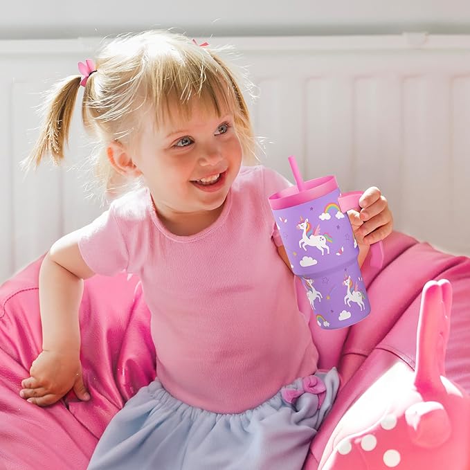 Unicorn Tumbler 20oz with Handle and Silicone Straw Lid for Kid, Insulated Stainless Steel Cup, Gift for Kids Girls, Gifts Idea for Birthday Christmas Back to School - Bloomnest