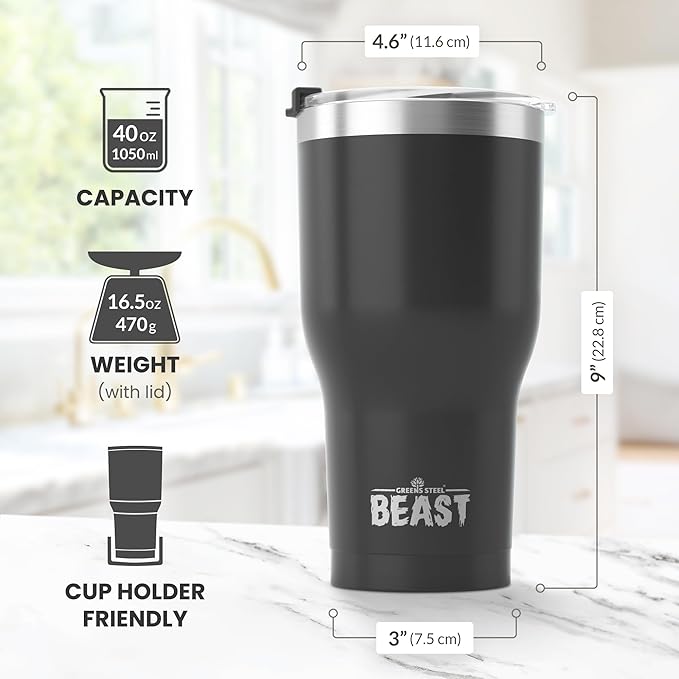Beast 40 oz Tumbler Stainless Steel Vacuum Insulated Coffee Ice Cup Double Wall Travel Flask (Matte Black) - Bloomnest