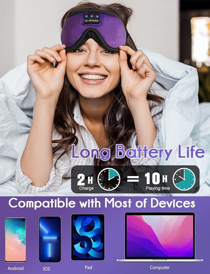 LC-dolida Sleep Headphones, Sleep Mask Bluetooth Wireless Music Eye Mask, Sleeping Headphones for Side Sleepers Sleep Mask with Bluetooth Headphones Ultra-Thin Stereo Speakers Perfect for Sleeping - Bloomnest