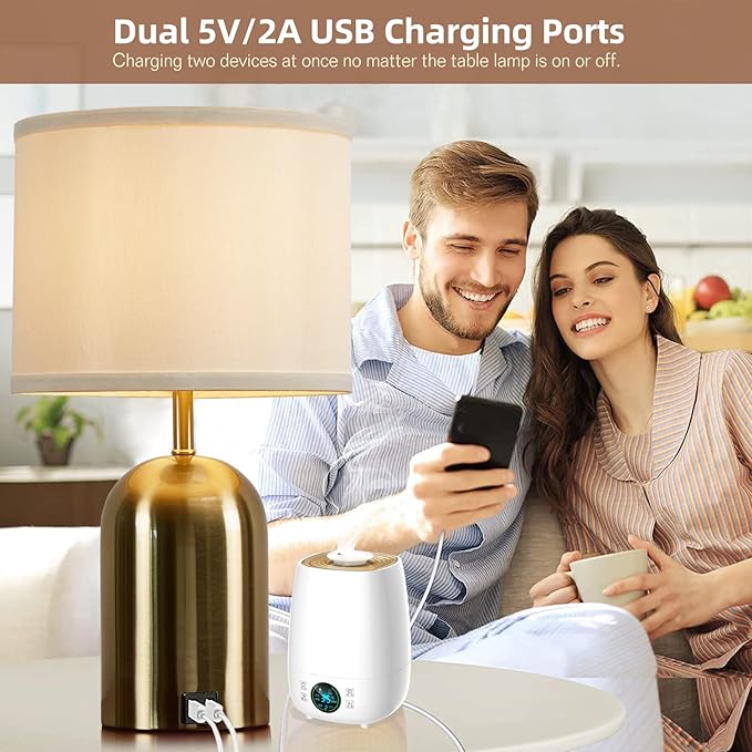 GyroVu Touch Control Table Lamps Set of 2, Gold Bedside Table Lamps for Bedroom Living Room Office, Modern 3 Way Dimmable Desk Lamp for Nightstand with 2 USB Charging Ports, 2 Bulbs Included - Bloomnest