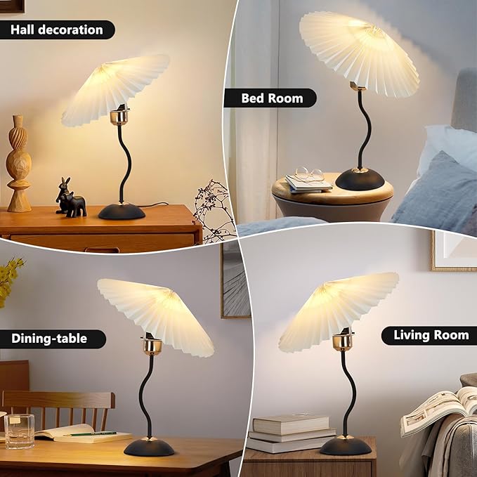 Arts Bedside Table Lamp for Bedroom, Cute Small Pleated Lamps for Nightstand, Vintage Lamp with Umbrella Shade, Decor Desk Reading Lamps for Living Room Kids Room Dorm Office with E26 LED Bulb - Bloomnest