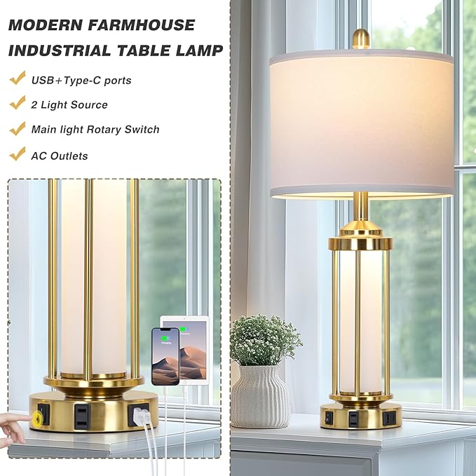 Modern Table Lamps, Gold 27" Industrial Table Lamp Set of 2 with USB A+C Charging Ports & AC Outlet, Farmhouse Rustic Beside Lamp for Living Room Bedroom Office End Table(4 LED Bulbs Included) - Bloomnest