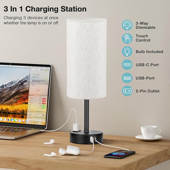 Light Beige Table Lamp for Nightstand - 3 Way Dimmable Bedside Lamp for Bedroom with USB C A Charging Ports and AC Outlet, Small Desk Lamp with Black Base for Living Room, Office, LED Bulb Included - Bloomnest