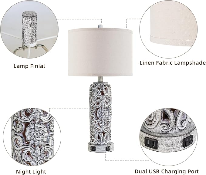 25'' Set of 2 Farmhouse Table Lamps with 2 USB Ports for Living Room Bedroom, Rustic Vintage Table Lamp with Nightlight, Earthy Yellow Hollow Out Resin Lamp for End Table, 2 Bulbs Included - Bloomnest