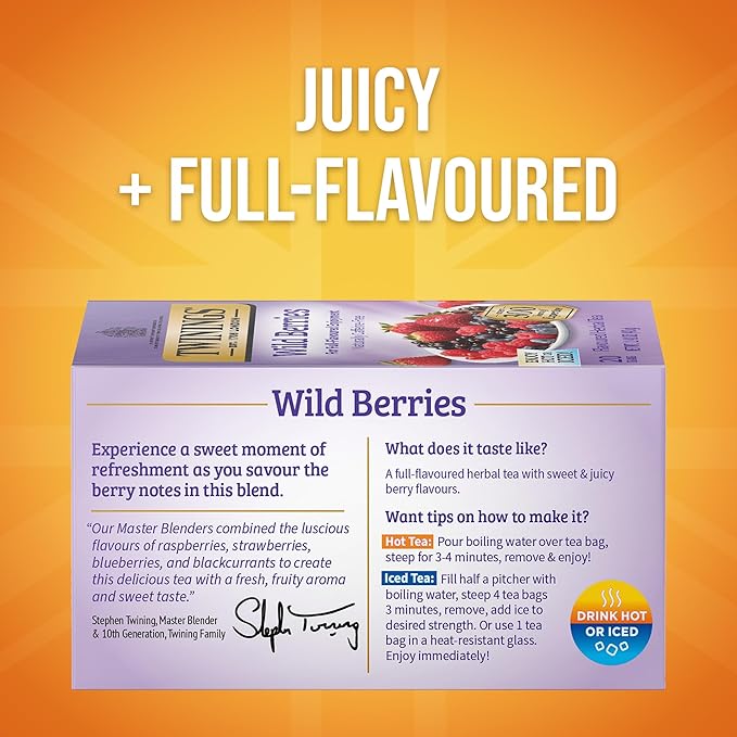 Twinings Wild Berries Herbal Tea Individually Wrapped Bags, 20 Count (Pack of 1), Full-Flavoured, Naturally Caffeine-Free, Enjoy Hot or Iced, 20 Teabags - Bloomnest