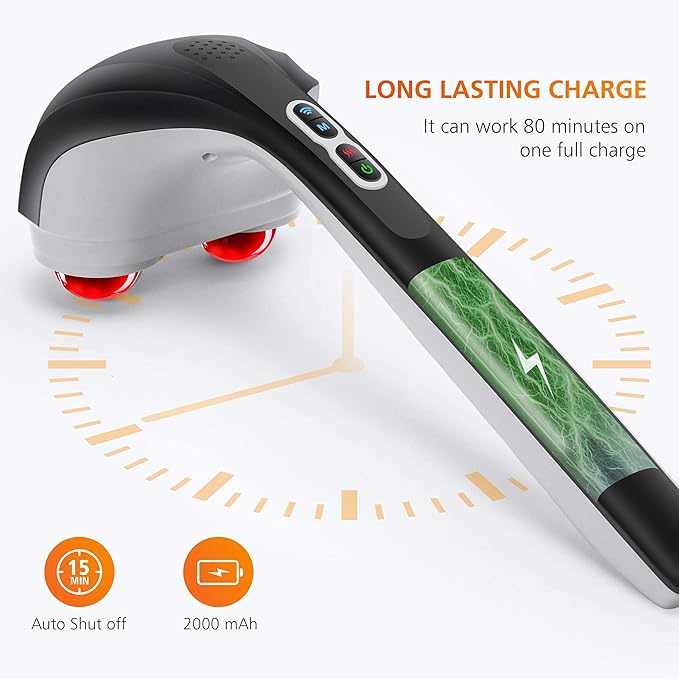 Snailax Cordless Handheld Back Massager with Heat, Deep Tissue Percussion Massager, 3 Sets of Dual Pivoting Heads,Rechargeable Hand Held Massager for Neck,Back Shoulder,Calf,Legs - Bloomnest