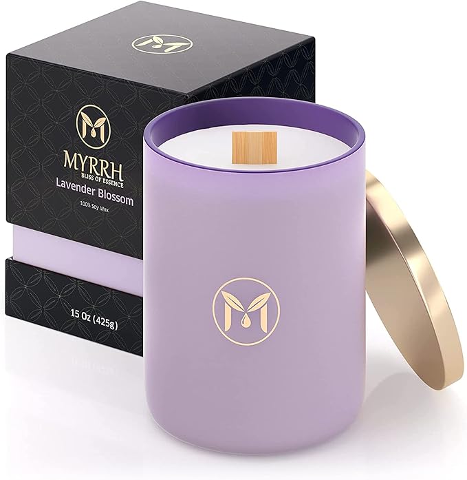MyrrhUSA Lavender Blossom Scented Candle – 15oz Natural Soy Wax with Crackling Wooden Wick & Essential Oil, 80 Hour Burn | Luxury Aromatherapy Candle for Relaxation, Home Décor, Living Room & Bathroom - Bloomnest