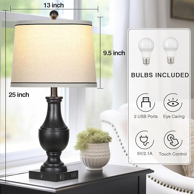 Table Lamps for Living Room Set of 2, Farmhouse Vintage Table Lamp with USB A+C Charging Ports & AC Outlet, 25" Black Rustic Traditional Lamps for Bedroom Nightstand Desk(2 LED Bulbs Included) - Bloomnest