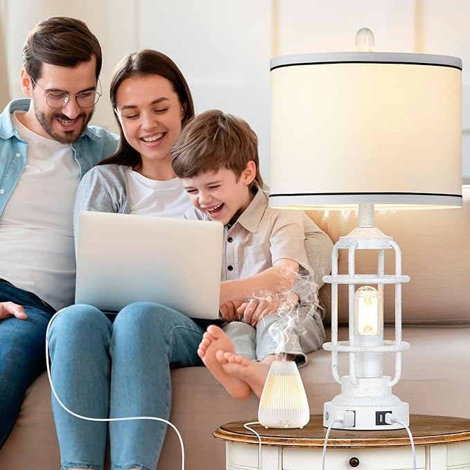 Farmhouse Lamps Set of 2, White Vintage Rustic Industrial Lamps with USB A+C Charging Ports & AC Outlet, 3 Way Dimmable Touch Control Table Lamp with LED Night Light for Living Room Bedrooms Office - Bloomnest