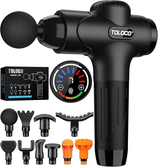 TOLOCO Massage Gun Deep Tissue, Percussion Massage Gun with 10 Replacement Heads, Super Quiet Portable Electric Massager for Athletes, Relax, Black - Bloomnest