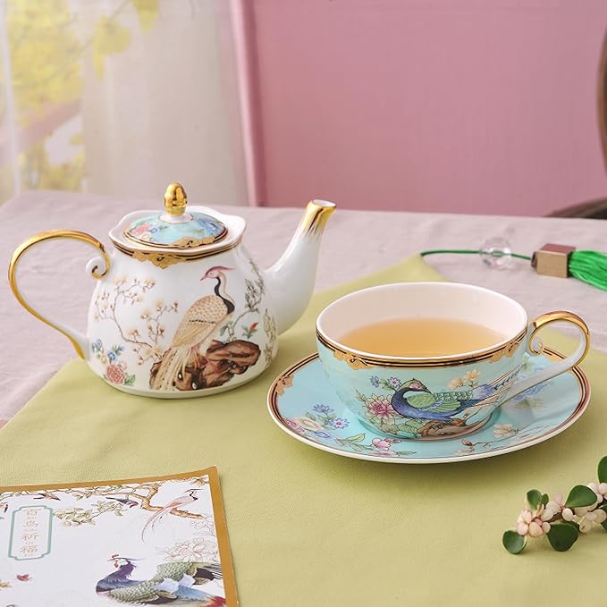 ACMLIFE Tea Set For One - Bone China Teapot & Cup, Vintage Floral Design, 12 Oz, Blue & White, Gifts For Women (Light blue) - Bloomnest