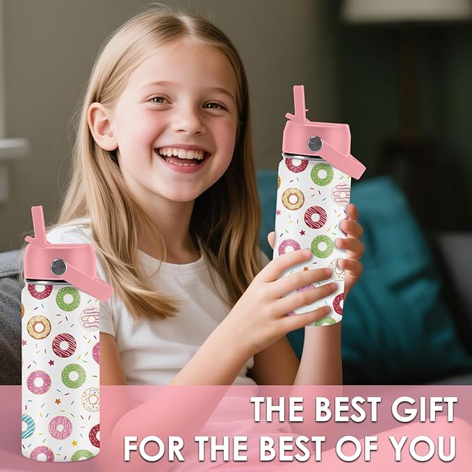 Donut Lover Gifts for Kids - 16oz Insulated Stainless Steel Water Bottle with Straw Lid, Leakproof BPA-Free Tumbler for School, Travel - Cute Donut Design Kids Cup for Boys & Girls (1pc) - Bloomnest