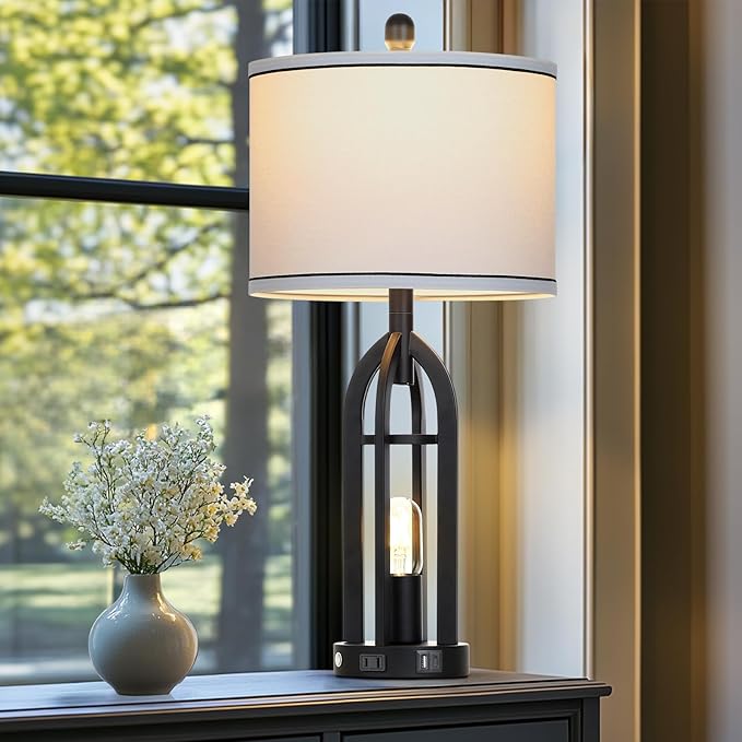 27" Tall Vintage Table Lamp with USB C+A & Outlet,Black Industrial End Table Lamp for Living Room,Farmhouse Rustic Bedside Lamps with Night Light for Bedroom Nightstand,Black（2 LED Bulbs Included） - Bloomnest