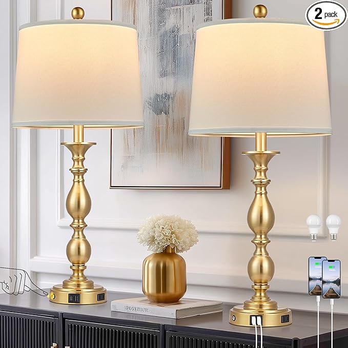 28" Tall Modern Table Lamps Set of 2 with USB A+C Ports and AC Outlet, 3 Way Touch Metal Bedside Lamps for Bedroom, Gold Farmhouse Nightstand Lamps for Living Room - Bloomnest
