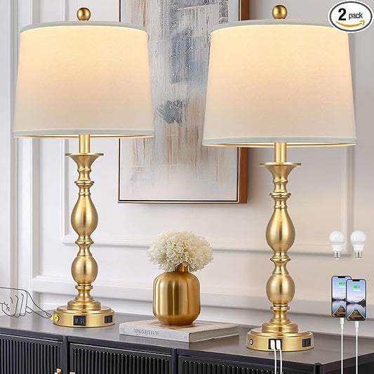 28" Tall Modern Table Lamps Set of 2 with USB A+C Ports and AC Outlet, 3 Way Touch Metal Bedside Lamps for Bedroom, Gold Farmhouse Nightstand Lamps for Living Room - Bloomnest
