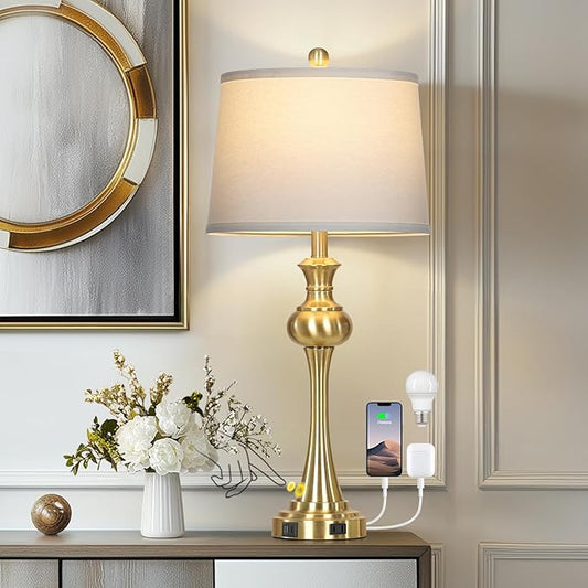 28.75'' Gold Table Lamps for Living Room, 3 Way Touch Control Bedside Lamps with USB A+C Ports & AC Outlets, Modern Metal Nightstand Lamps for Bedroom Living Room Office End Table（Bulb Included） - Bloomnest