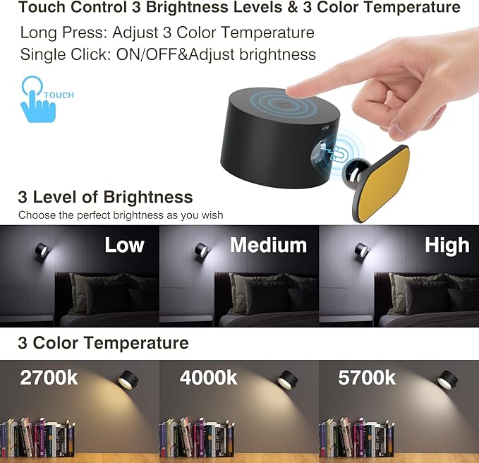 Led Wall Sconces, Wall Lamps with Battery Operated, Wall Mounted Cordless Lights with 3 Color Temperature&3 Brightness, 360° Magnetic Ball, USB Charging Port for Reading Study Bedside - Bloomnest