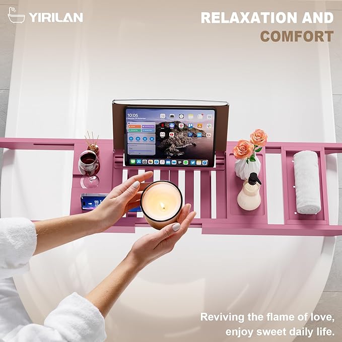 Yirilan Foldable Bathtub Caddy, Expandable Bath Caddy Tray, Unique House Warming Gifts, New Home, Anniversary and Wedding Gifts for Couple, Pink - Bloomnest