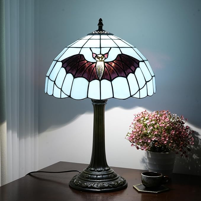 Tiffany Lamp Ocean Blue Bat Stained Glass Table Lamp 12" X19" Handmade Coastal Decor LED Ready Perfect for Beach House Bedroom Halloween Gift Living Room,bedroom, Bedside Corner Reading end Table Lamp - Bloomnest