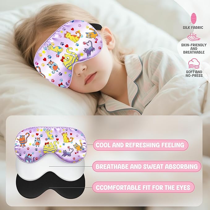2 Pcs Sleep Mask for Kids Girls, Silk Eye Covers for Sleeping, Adjustable Strap & Light Blocking Design, Children's Bedtime Blindfold for Travel and Home Use (Rainbow Unicorn) - Bloomnest