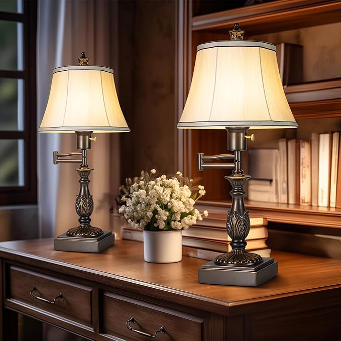 23.5" High Rustic Traditional 350° Adjustable Swing Arm Table Lamp Set of 2 with USB A+C Ports Brown Finish Cream Shade Vintage Nightstand lamp for Living Room Bedroom Office (Bulb Included)