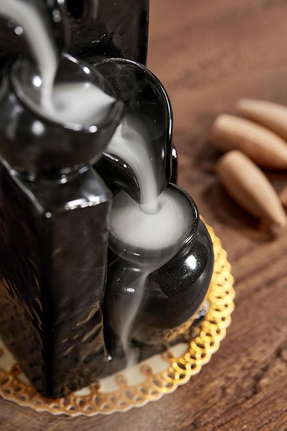 Unique Cascading Basins Ceramic Waterfall Incense Holder, Paired with a Pack of Backflow Incense Cones. (Black) - Bloomnest