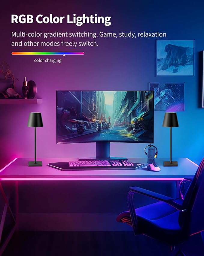 KDG 2 Pack Cordless Table Lamp, RGB Color Stepless Dimming Up, 4000mAh Battery Operated Portable LED Desk Lamp, for Dinning Room, Bedroom, Bar, Outdoor Garden, Camping, Night Light (Black) - Bloomnest
