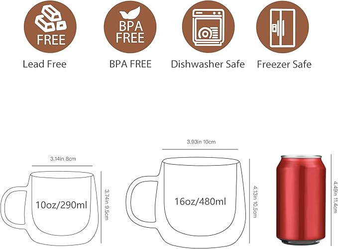 CNGLASS 16oz Double Walled Glass Coffee Mugs(2-pack),Large Clear Coffee Cups with Handle,Glass Espresso Mugs for Latte,Cappuccino,Tea - Bloomnest