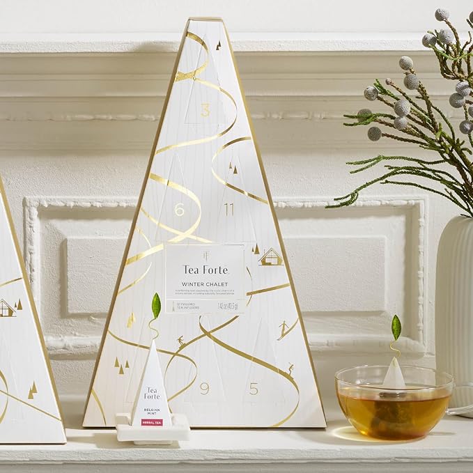 Tea Forte Tea Advent Calendar Gift Set; 12 Individually Wrapped Handcrafted Assorted Pyramid Infuser Tea Bags with Numbered Doors, Winter Chalet - Bloomnest